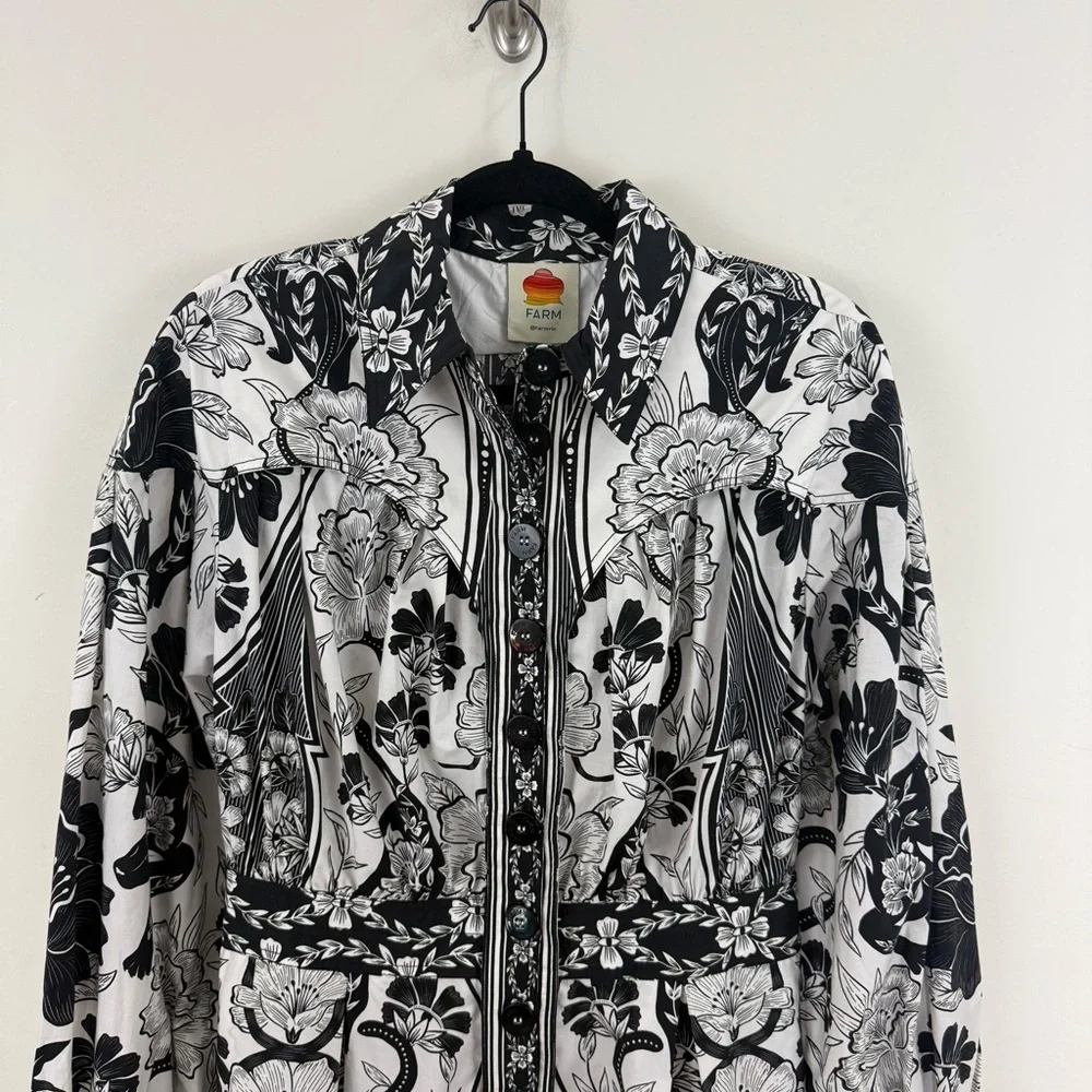NWT FARM Rio Black and White Floral Midi Shirt Dress - Picture 4 of 15